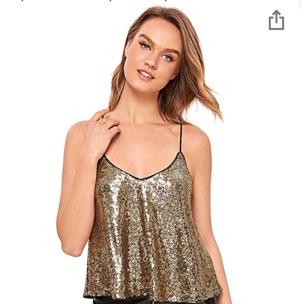 Sparkling spaghetti strap gold sequin top.